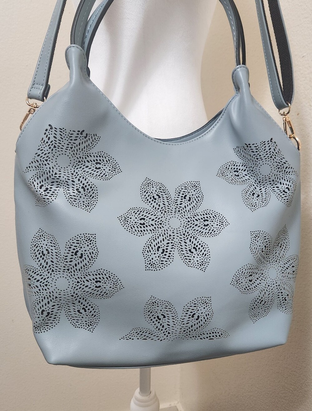 Mellow World Light Blue Vegan Laser Cut Floral Hobo Bag Crossbody Shoulder